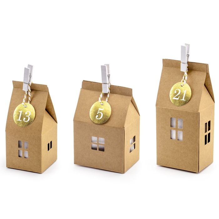 3 papierowe pudełka domki na prezenty do kalendarza adwentowego